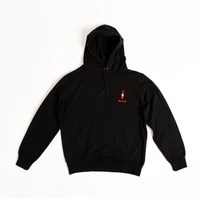 A black hoodie with a small embroidered sauce bottle on the chest. Extra Hot is printed across the back in white.
